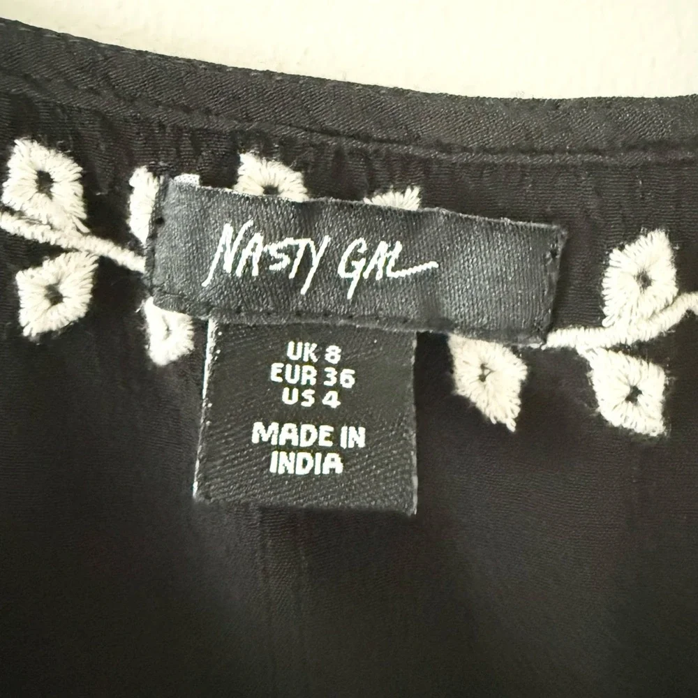 Nasty Gal Black Mini Dress with White Floral Embroidery & Fringe - Picture 4 of 6